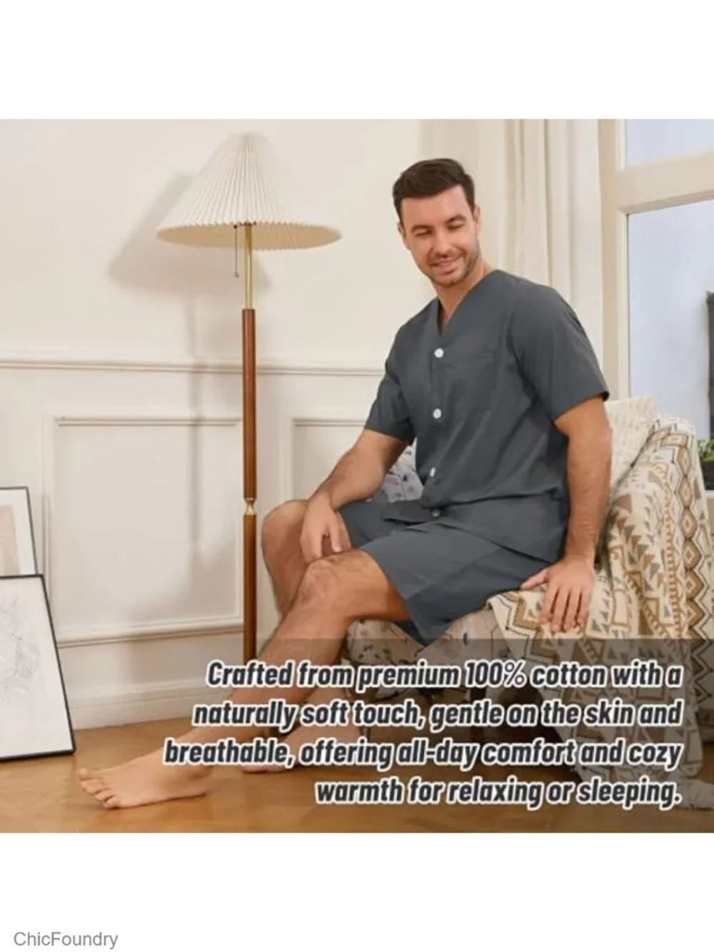 Men's 100% Cotton Pajama Set V-Neck Button Down Short Sleeve with Pocket Lounge